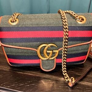Gucci GG Marmont Striped Wool Crossbody in Green, Red & Navy